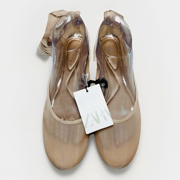 ZARA Mesh Beige Long Adjustable Tie Wrap Ballet Flats Shoes Women US 8 EU 39 NEW - Picture 4 of 9